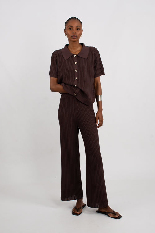 Knitted Collared Cardigan - Brown